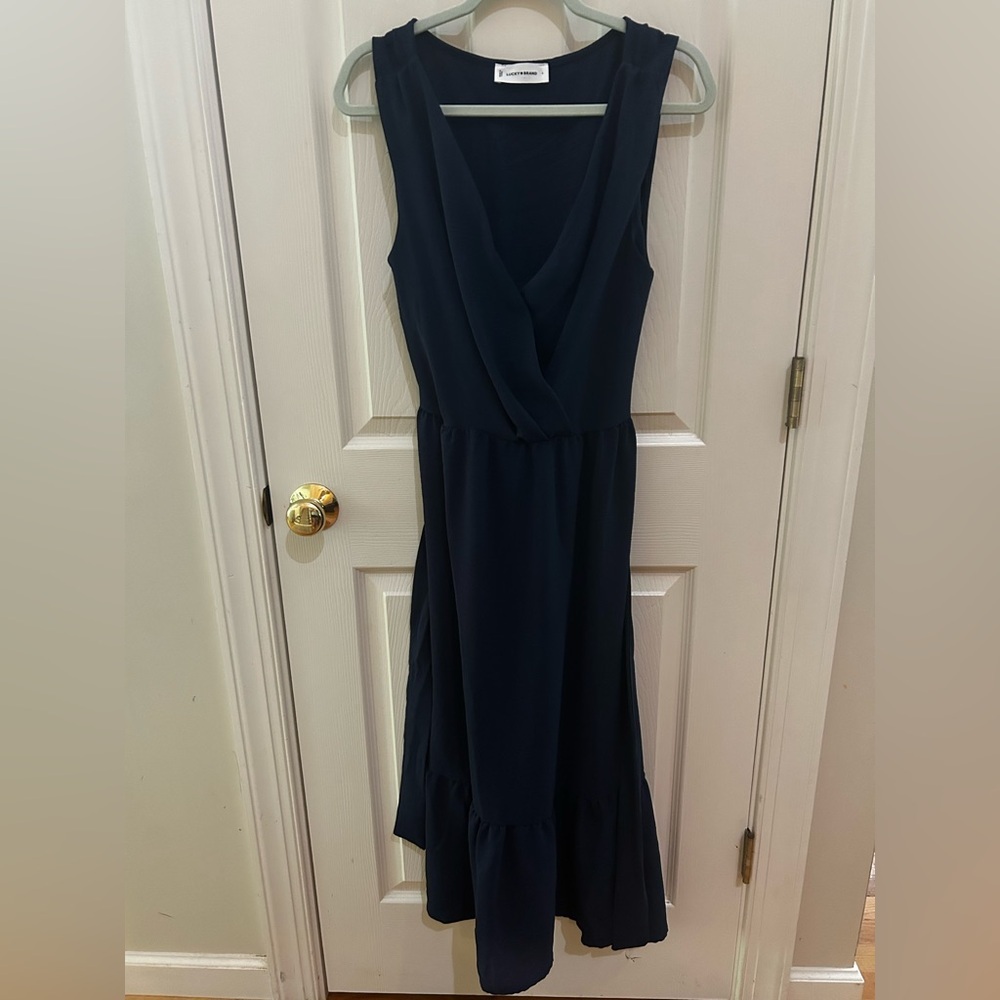 Lucky Brand Navy Faux-Wrap Sleeveless Midi Dress